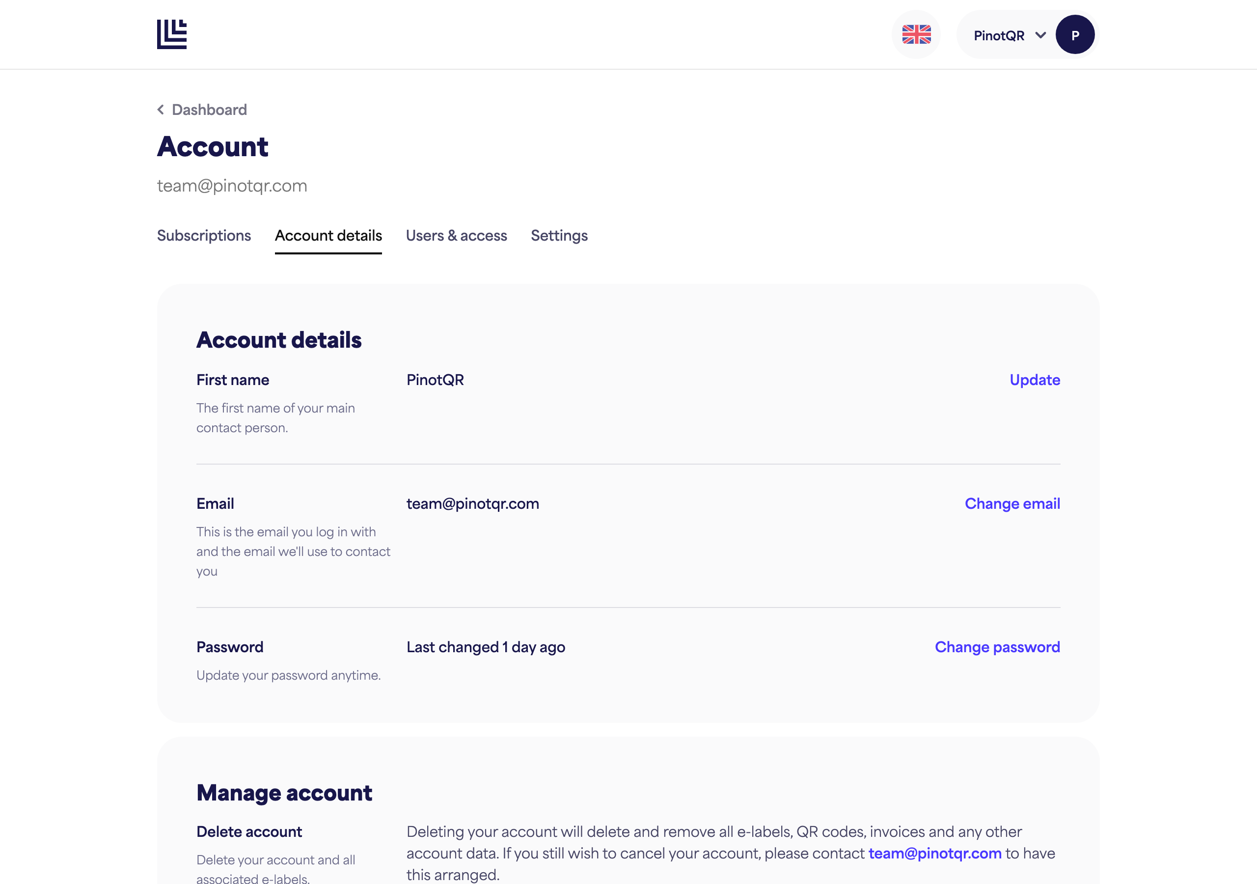 The Account details page with the First name field