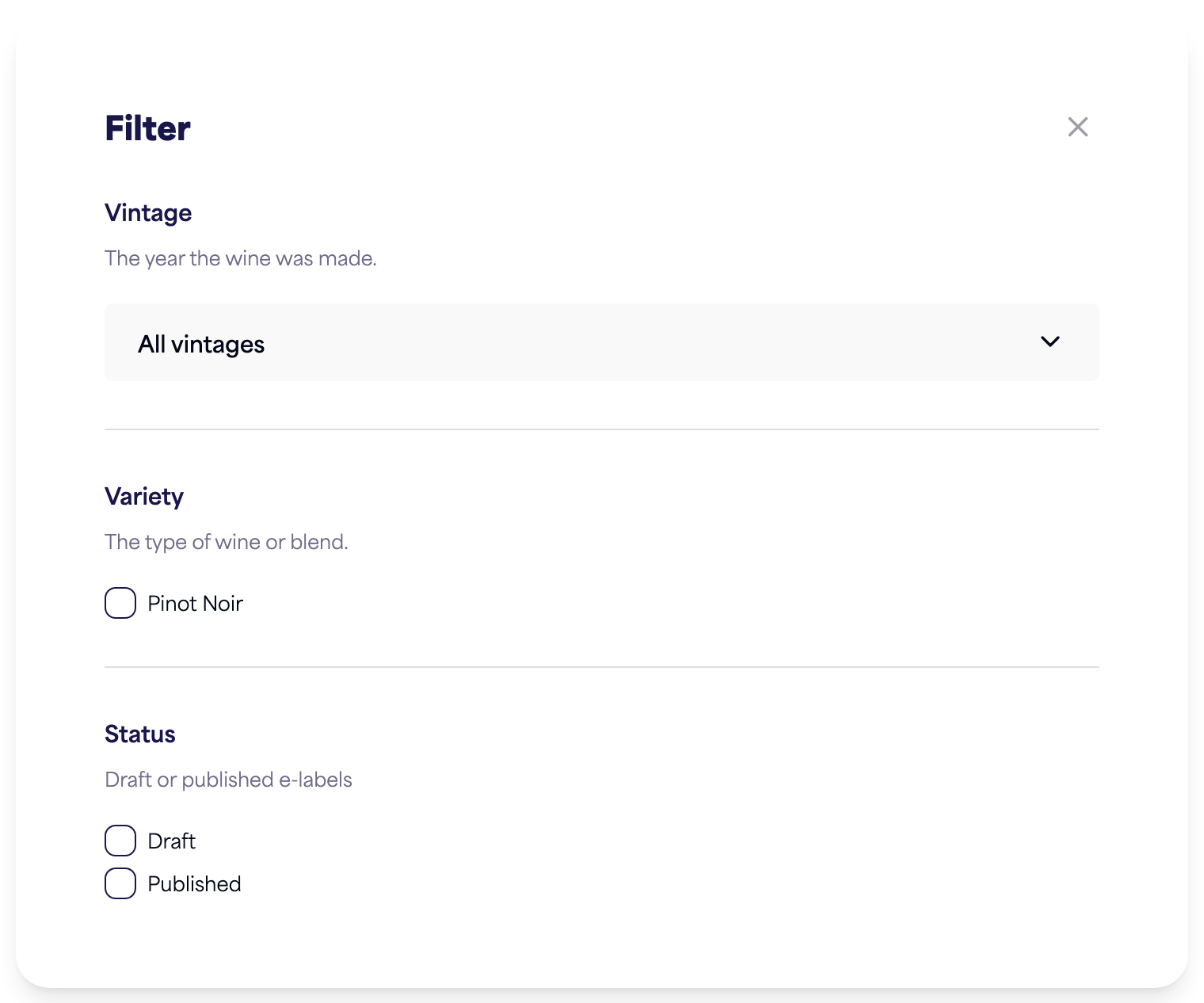 The Filter panel with vintage, variety, and status options