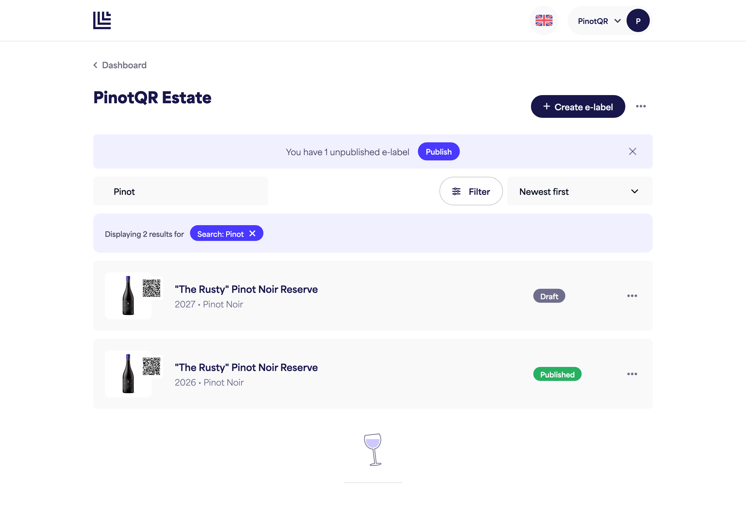 The brand page with the search box in use