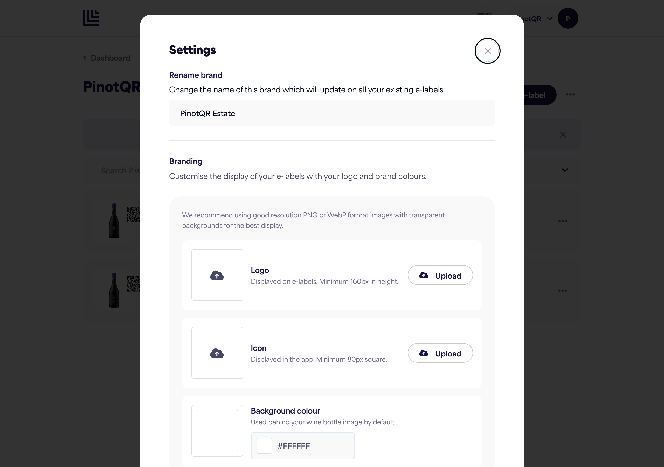 The brand Settings panel showing the "Rename brand" field