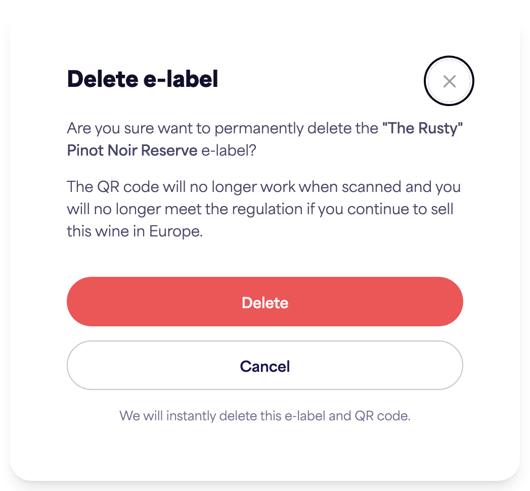The "Delete e-label" confirmation dialog