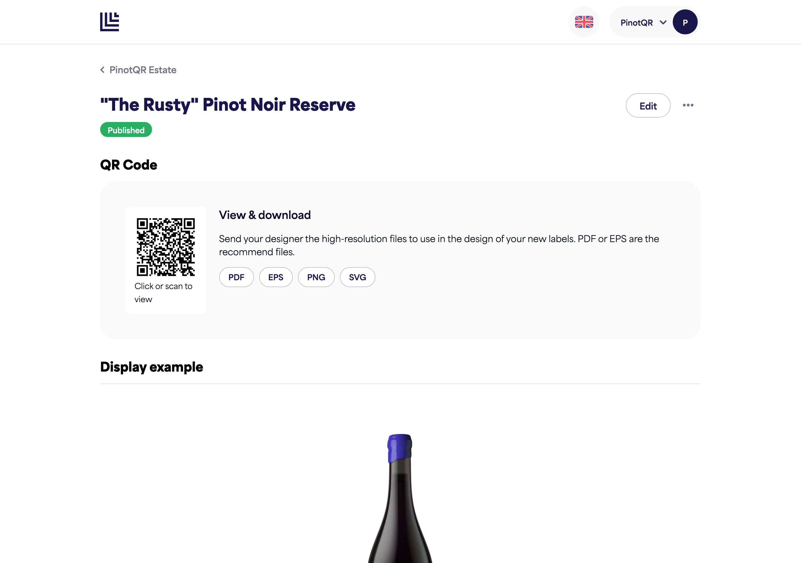An e-label page with the "Unpublish" option