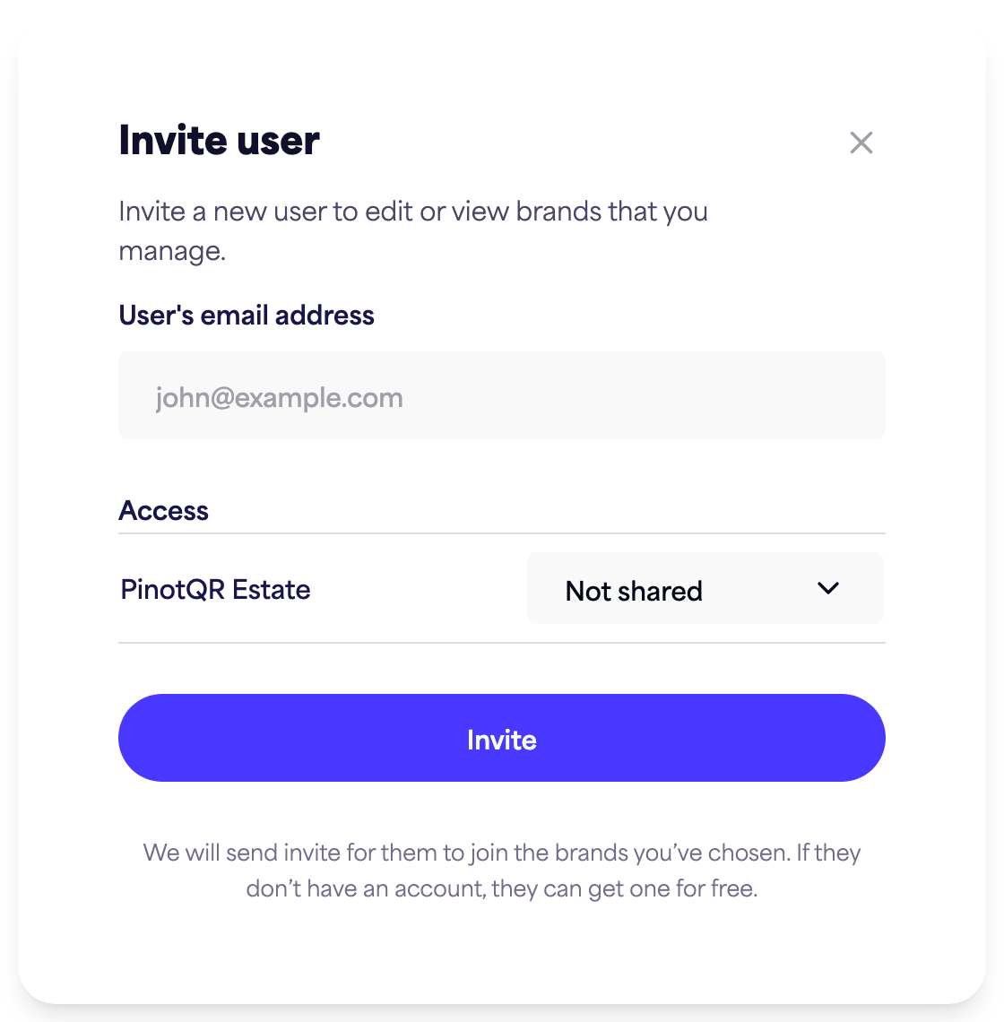 The "Invite user" dialog with the email field and per-brand access options