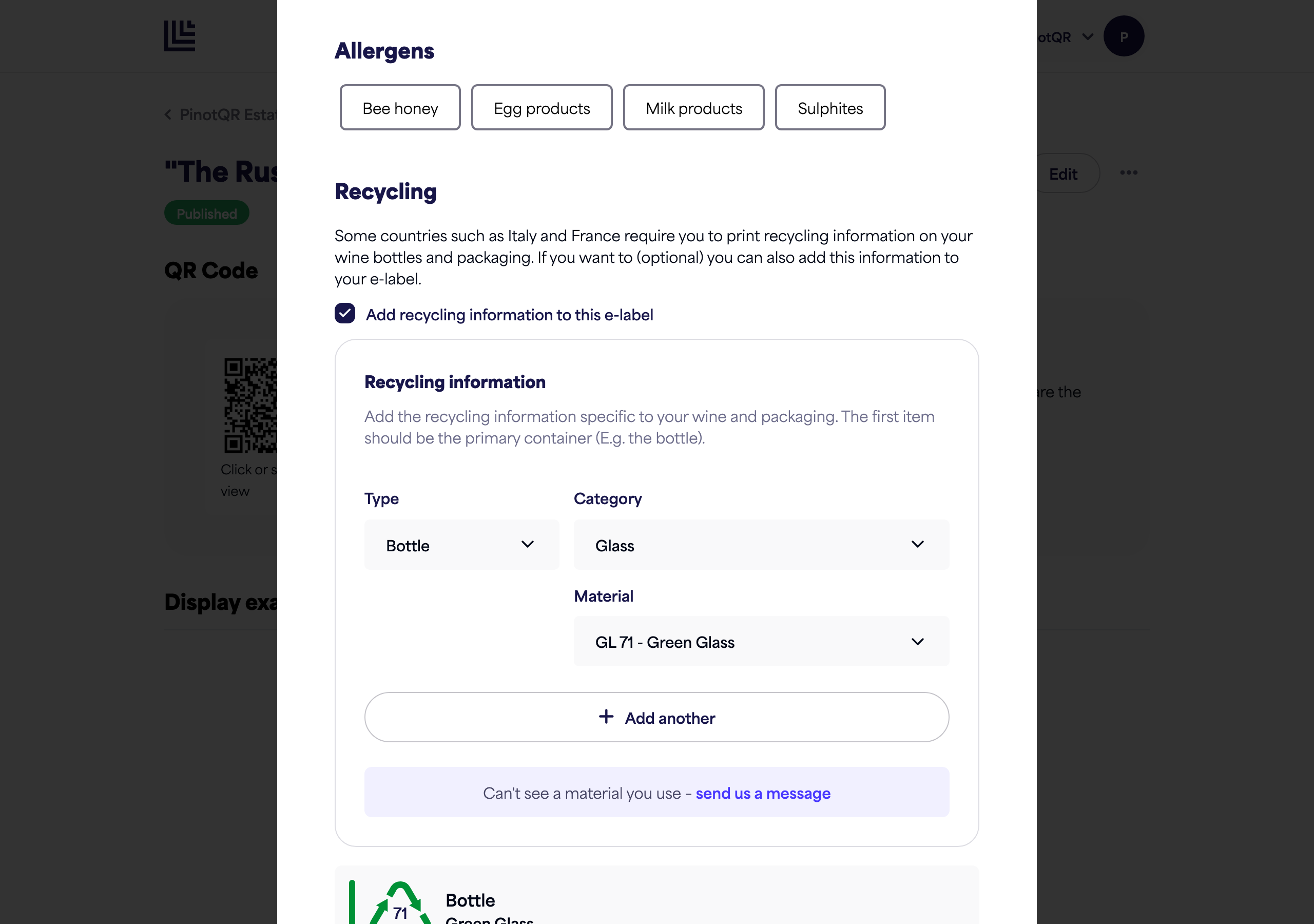 The Allergens section with allergen options