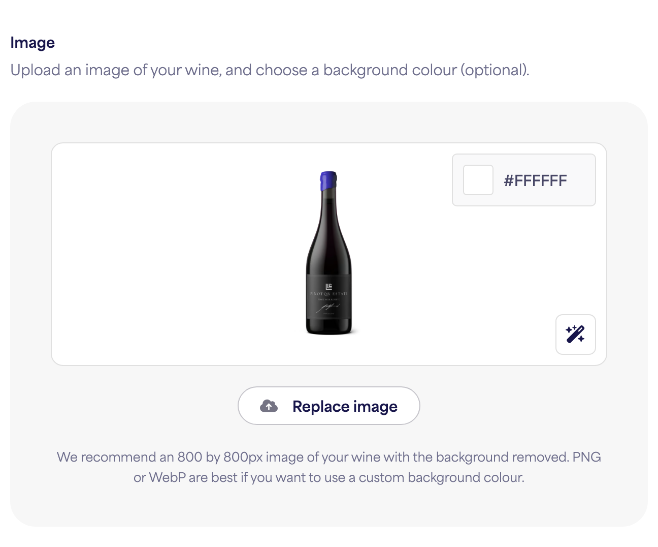The bottle image uploader with a sample wine image