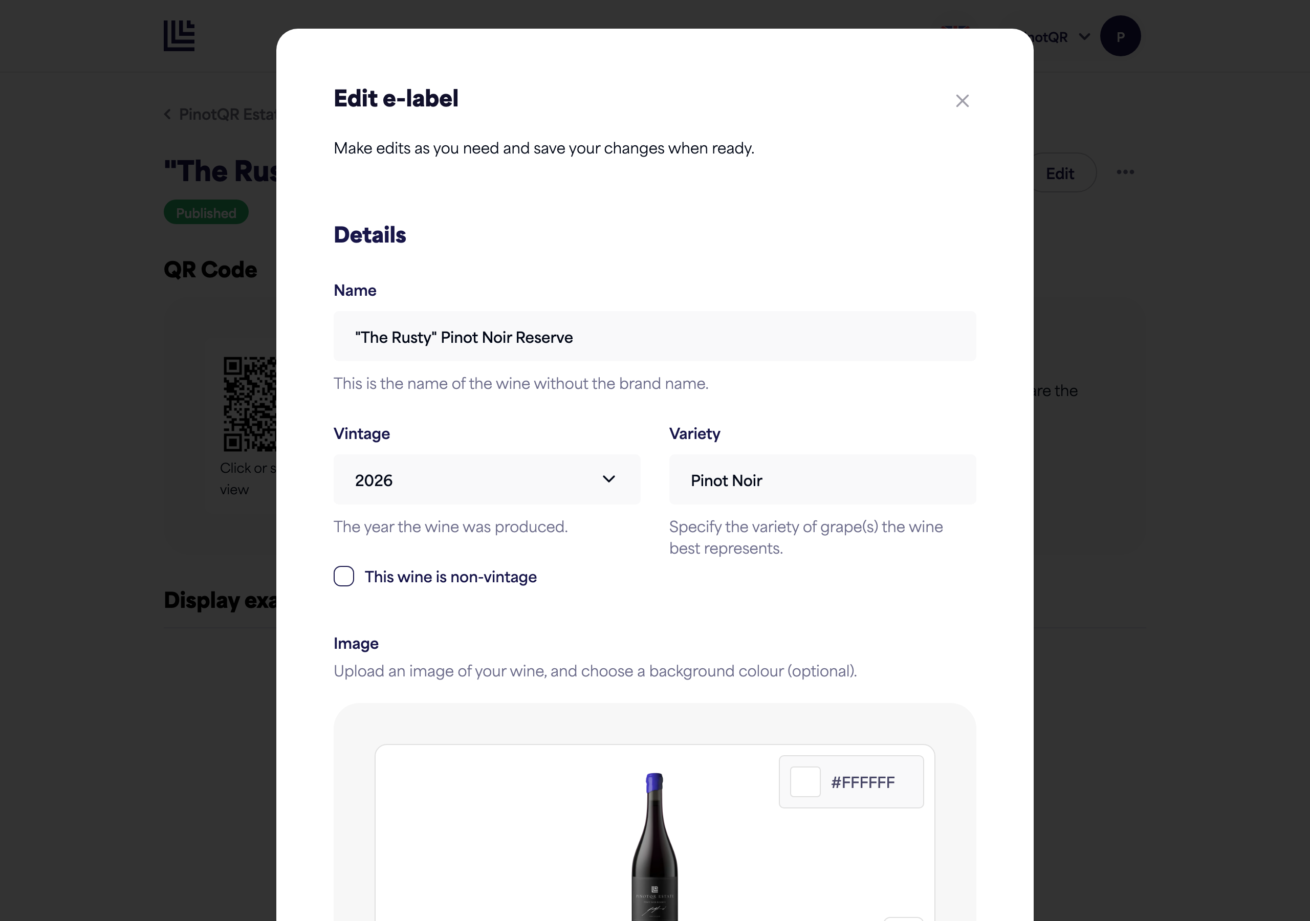 The e-label form showing the Name, Vintage, and Variety fields and the bottle image upload