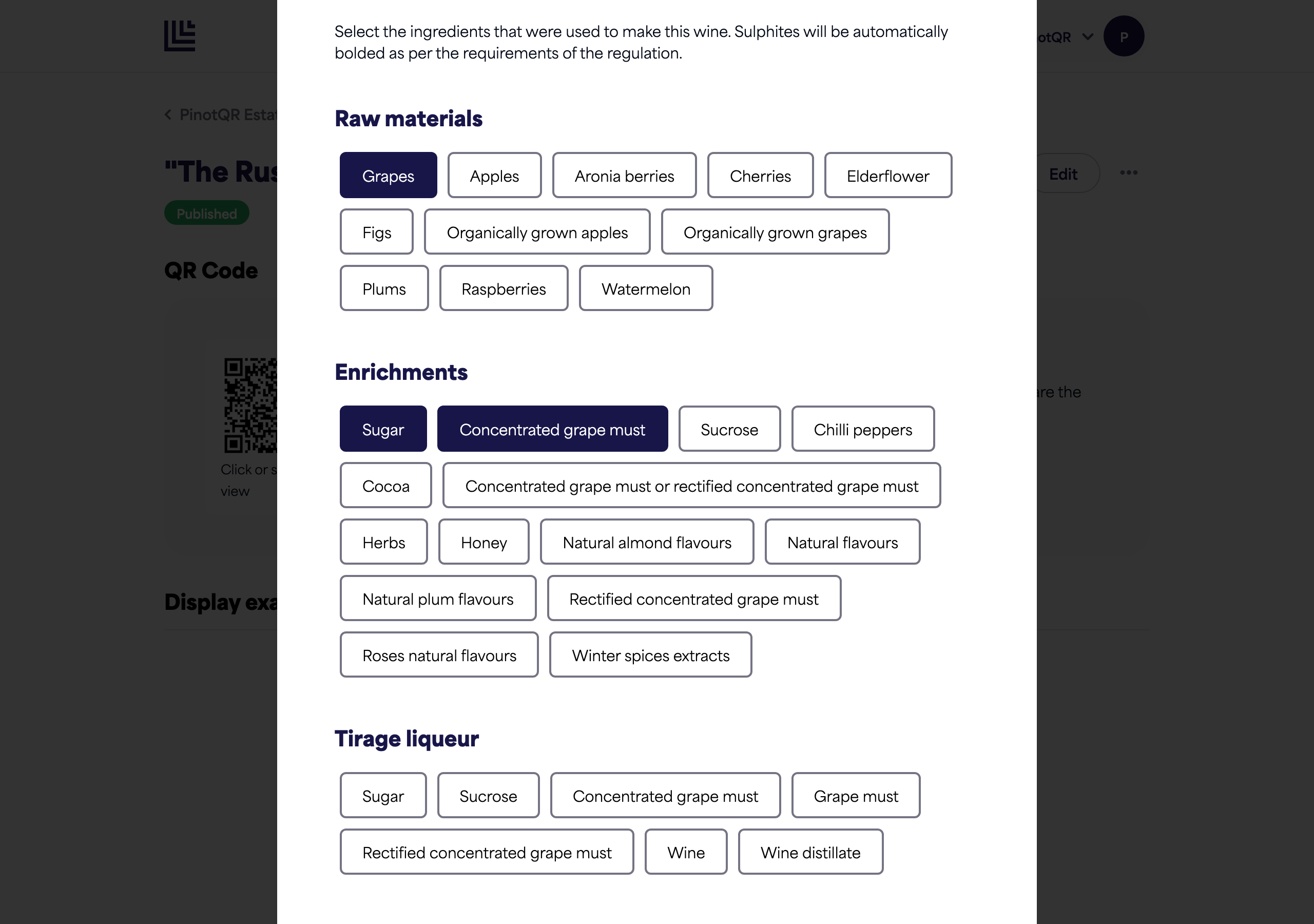 The Ingredients section with several categories and selected ingredients