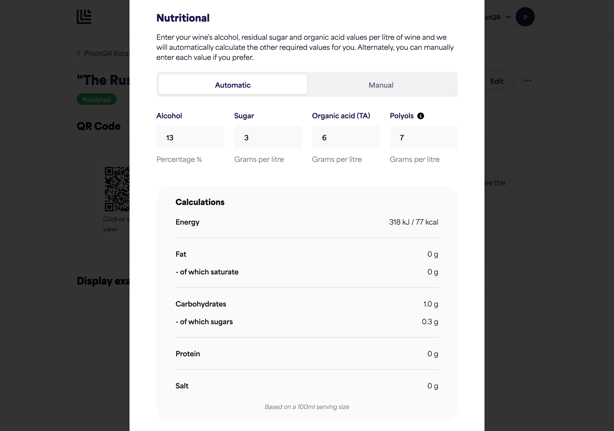 The Nutritional section in automatic mode, showing the alcohol, sugar, organic acid, and polyols fields