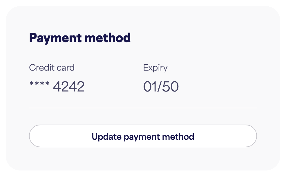 The Payment method card showing the saved card and "Update payment method"