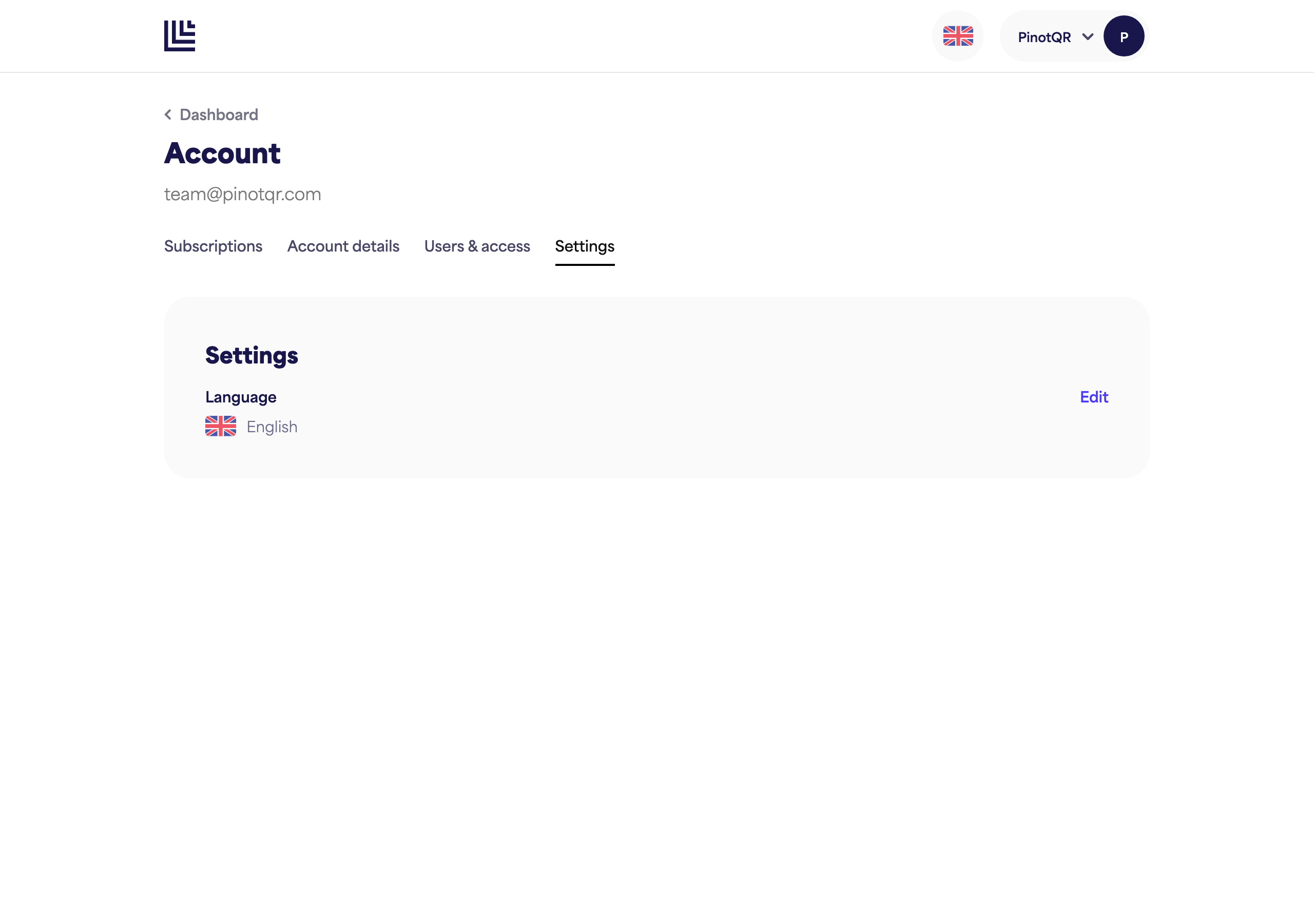 The Settings page with the Language option