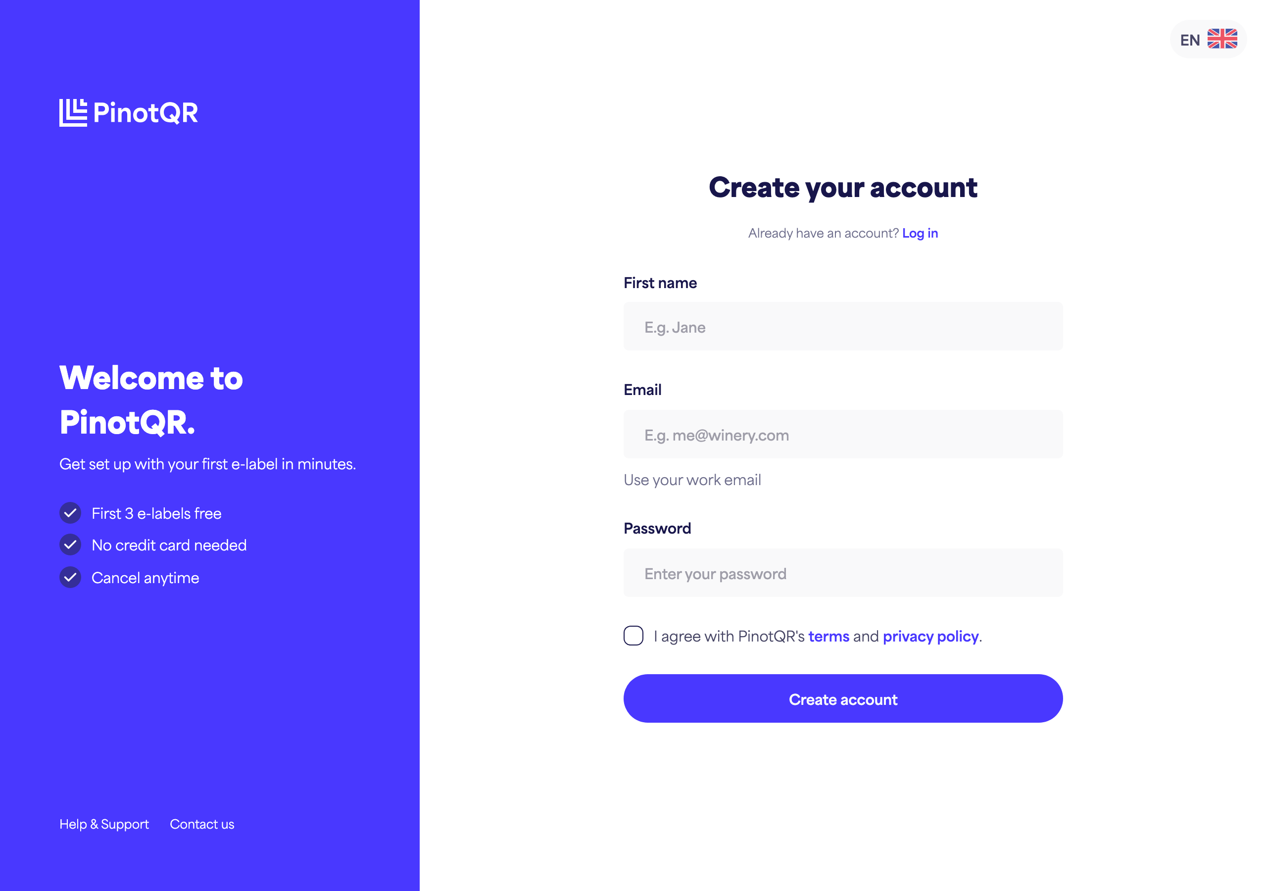 The sign-up form with the First name, Email, Password fields and the "Create account" button